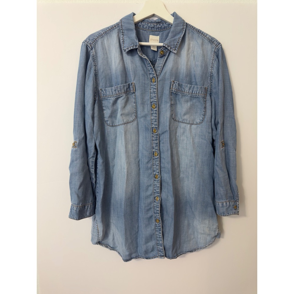 Chico's Blue Denim Button Down Shirt Womens Roll‎ Tab Sleeves Western Size L 2